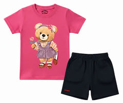 Girls Pink Teddy Bear T Shirt & Black Shorts| Mini Minors Kintrends