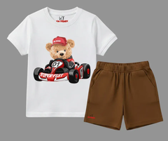 Racing Bear White T Shirt and Brown Shorts Set| Mini Minors Kintrends