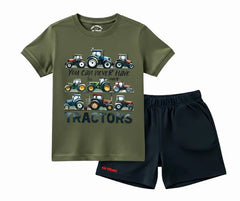 Olive Green Tractor Print T Shirt and Black Shorts Set| Mini Minors Kintrends