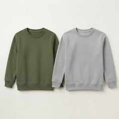 Pack Of 2 Olive Green, Grey Premium Kids Winter Crewneck Plain Sweatshirts