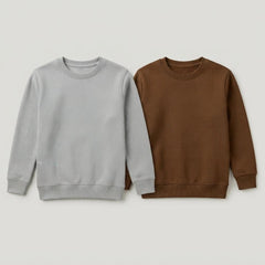 Pack Of 2 Gray, Brown Premium Kids Winter Crewneck Plain Sweatshirts