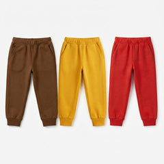 Pack Of 3 Brown Yellow Red Kids Everyday Winter Fleece Joggers Bundle