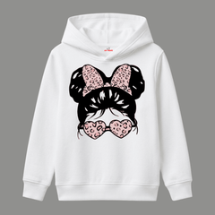 Cute Girl Messy Bun Leopard Print Sunglasses Kids Winter Fleece Hoodie