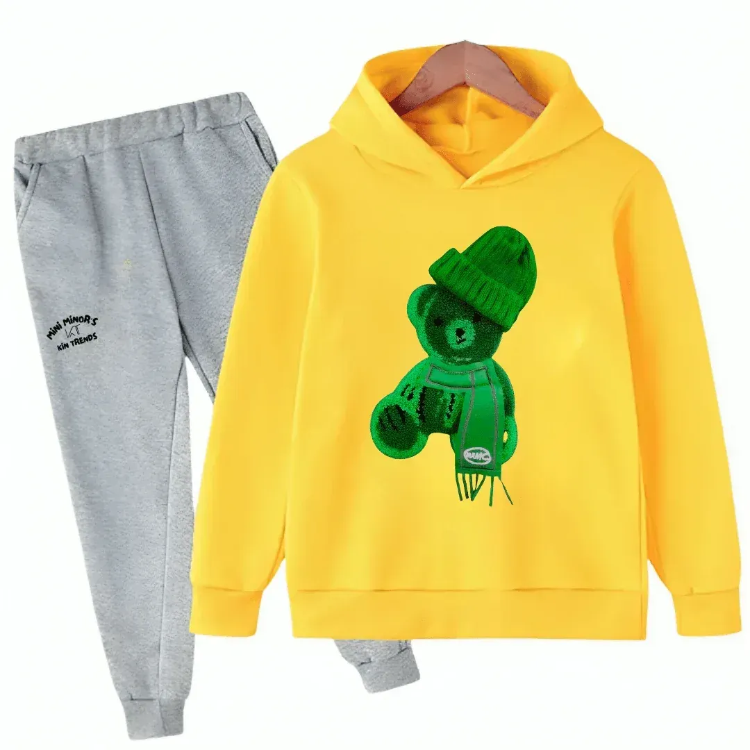 Printed Greeny Bear Fleece Hoodie Tracksuit - Kin Trends
