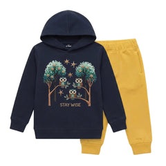 Stay Wise Cute Owls Printed Kids Winter Fleece Tracksuit - 2 Pcs