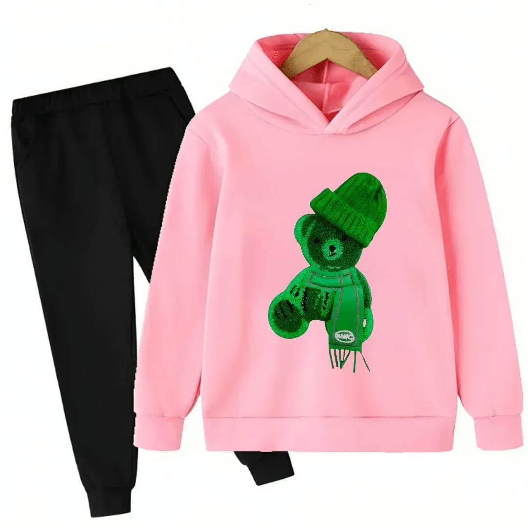 Printed Greeny Bear Fleece Hoodie Tracksuit - Kin Trends