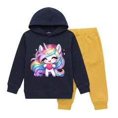Magical Unicorn Graphic Printed Girls Winter Fleece Tracksuit - 2 Pcs