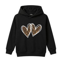 Twin Leopard Print Sketch Hearts Graphic Kids Winter Fleece Hoodie