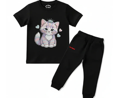 Premium Cute Cat Tracksuit (Not Embroidered) | Kids T shirt and trouser | Mini Minors Kin Trends | Kintrends