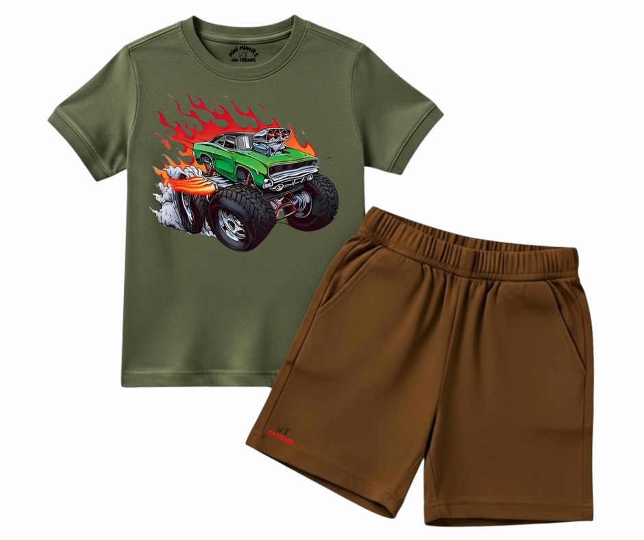 Monster Truck T Shirt and Brown Shorts Set| Mini Minors Kintrends