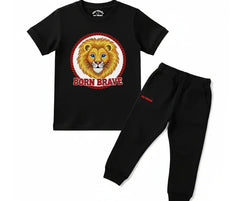 Born Brave Lion Black Summer Tracksuit (Not Embroidered) | Mini Minors Kintrends