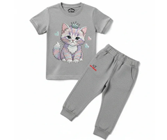 Premium Cute Cat Tracksuit (Not Embroidered) | Kids T shirt and trouser | Mini Minors Kin Trends | Kintrends