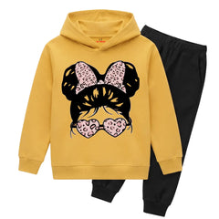 Trendy Leopard Print Glasses Girl Printed Kids Winter Fleece Tracksuit - 2 Pcs