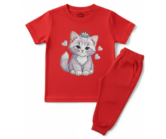 Premium Cute Cat Tracksuit (Not Embroidered) | Kids T shirt and trouser | Mini Minors Kin Trends | Kintrends