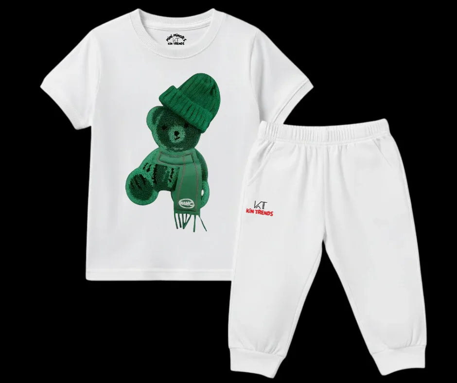 Greeny bear Tracksuit (Not Embroidered) Kids T shirt and trouser | Mini Minors Kin Trends | Kintrends