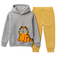 Kids Grey & Yellow Classic Garfield Print Winter Hoodie & Trouser Suit