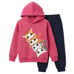 Girls Fluffy Cats Cartoon Print Warm Winter Hoodie & Trouser Set