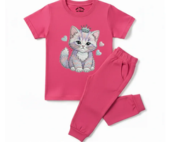 Premium Cute Cat Tracksuit (Not Embroidered) | Kids T shirt and trouser | Mini Minors Kin Trends | Kintrends
