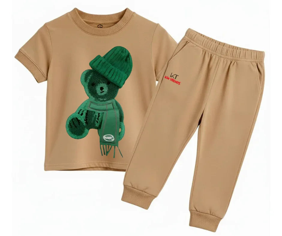 Greeny bear Tracksuit (Not Embroidered) Kids T shirt and trouser | Mini Minors Kin Trends | Kintrends
