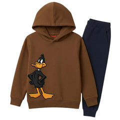 Daffy Duck Cartoon Character Printed Kids Winter Fleece Tracksuit - 2 Pcs