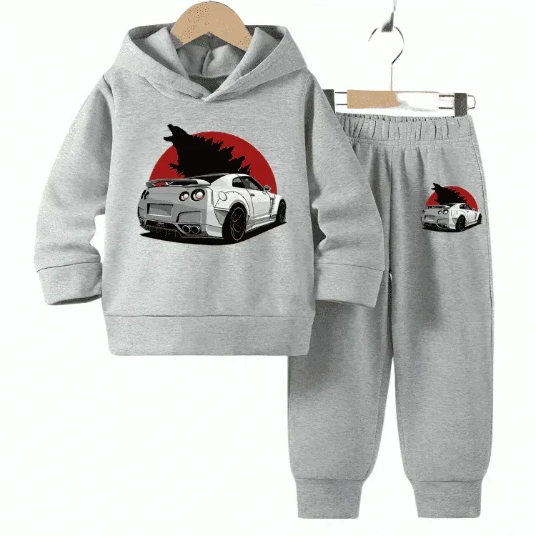 Car Printed Fleece Hoodie Tracksuit - Kin Trends