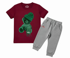 Greeny bear Color Contrast Tracksuit (Not Embroidered) Kids T shirt and trouser | Mini Minors Kin Trends | Kintrends