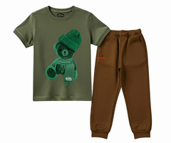 Greeny bear Color Contrast Tracksuit (Not Embroidered) Kids T shirt and trouser | Mini Minors Kin Trends | Kintrends