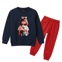 Girls Navy Blue & Red Cute Anime Girl Graphic Winter Clothing Set