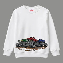 Muddy Off-Road Monster Trucks Racing Graphic Kids Winter Crewneck Sweatshirt