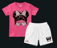 Girl's Pink Leopard Graphic T Shirt and White Shorts Set | Mini Minors Kintrends