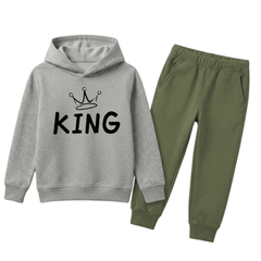 Boys Grey & Olive Green Premium King Print Winter Hoodie & Trouser Set