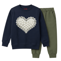 Girls Navy Blue & Olive Green Faux Pearl Heart Winter Suit