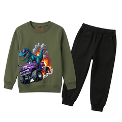 A kids' two-piece sweatshirt and jogger set on a white background. The sweatshirt is olive green with a colorful graphic of a blue dinosaur driving a purple monster truck with flames.