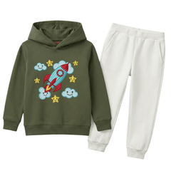 Cute Rocket & Stars Graphic Printed Kids Winter Fleece Tracksuit - 2 Pcs