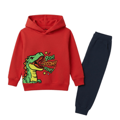 Dinosaur Roar Cartoon Graphic Printed Kids Winter Fleece Tracksuit - 2 Pcs