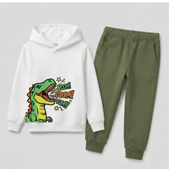 Dinosaur Roar Cartoon Graphic Printed Kids Winter Fleece Tracksuit - 2 Pcs