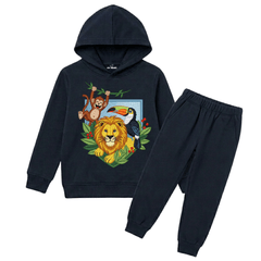 Jungle Safari Lion & Monkey Printed Kids Winter Fleece Tracksuit - 2 Pcs