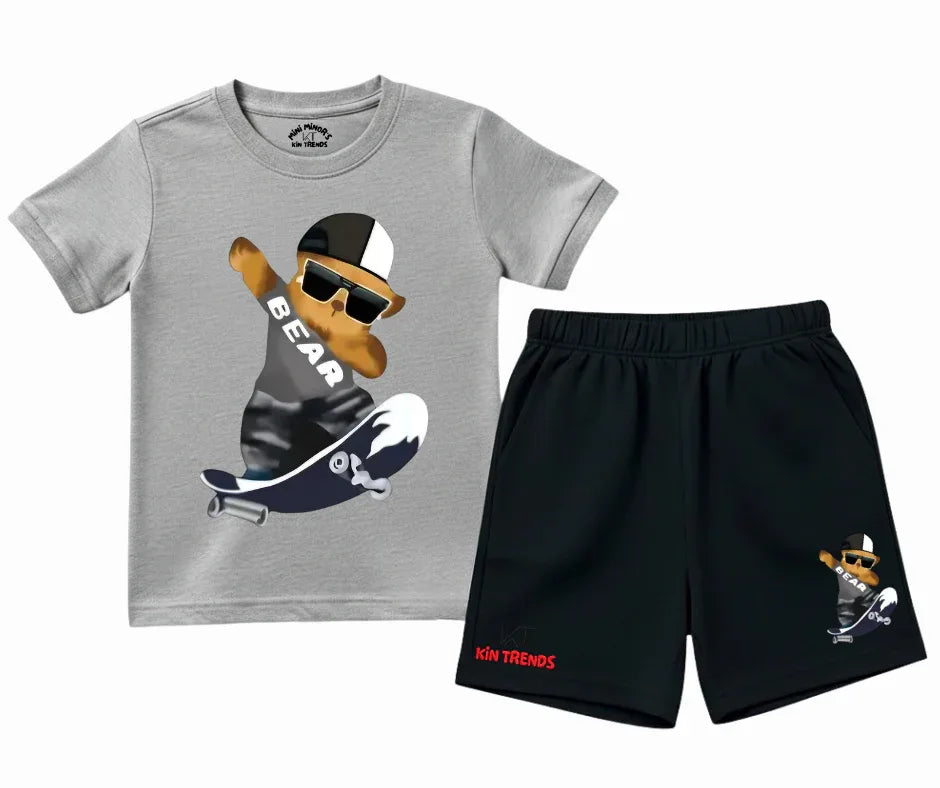 Skate Bear Street Shorts Set| Kids T shirt and shorts| Mini Minors Kintrends