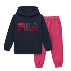 Girls Navy Blue & Pink Fila Graphic Print Winter Hoodie Set
