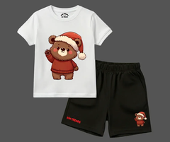 Santa Bear T Shirt & Shorts Combo ??White/Black | Mini Minors Kintrends