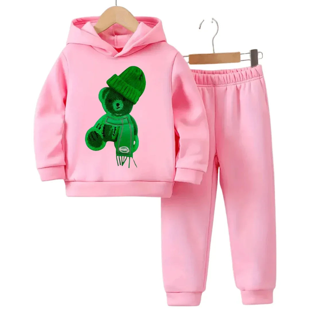 Printed Greeny Bear Fleece Hoodie Tracksuit - Kin Trends