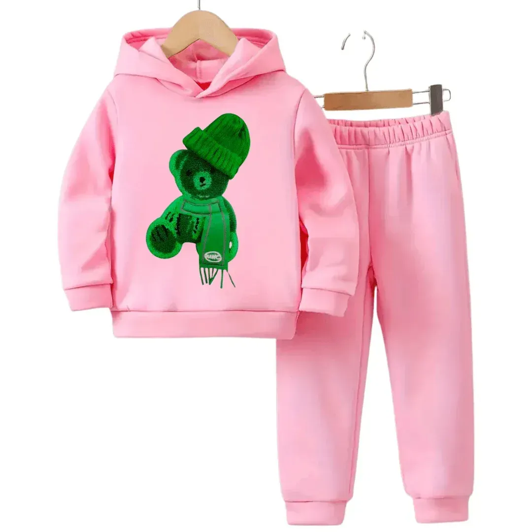 Printed Greeny Bear Fleece Hoodie Tracksuit - Kin Trends