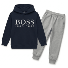 Navy Blue & Grey Boss Graphic Winter Hoodie Suit