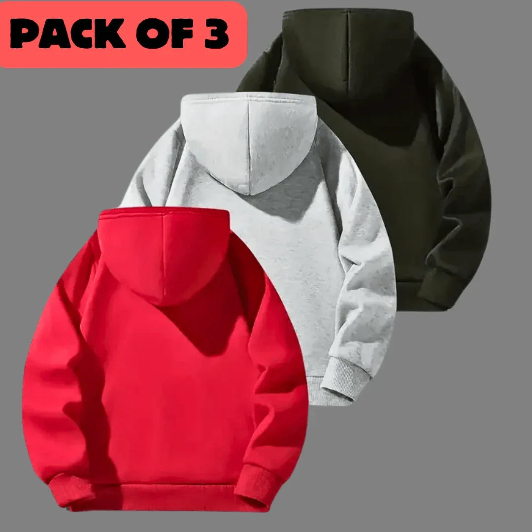 Pack Of 3 Plain Solid Color Warm Fleece Hoodies For Kids Olive Green Grey Red - Kin Trends
