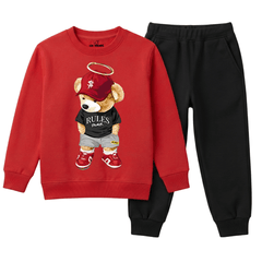 Boys Red & Black Streetwear Bear Print Winter Outfit Set