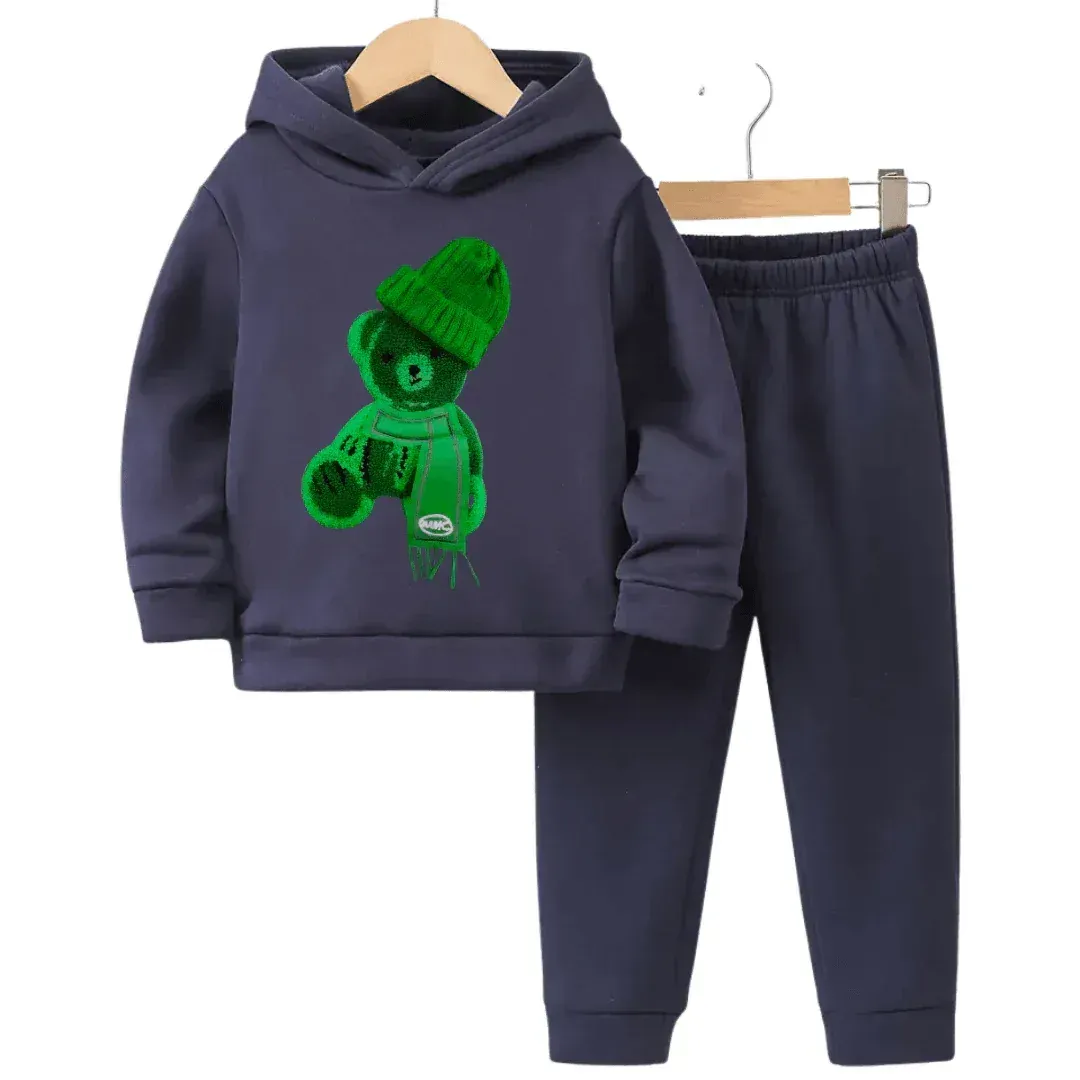 Printed Greeny Bear Fleece Hoodie Tracksuit - Kin Trends