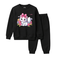 Cute White Kitten Floral Girls Winter Sweatshirt Tracksuit - 2 Pcs