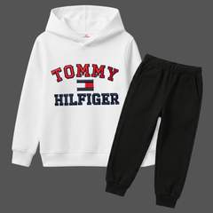 Kids White & Black Tommy Style Winter Hoodie & Trouser Set