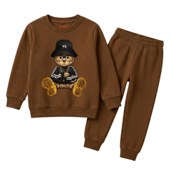 Coffee Brown Street Style Bear Graphic Winter Suit