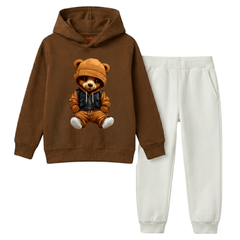 Cool Teddy Bear Puffer Jacket Graphic Kids Winter Fleece Tracksuit - 2 Pcs